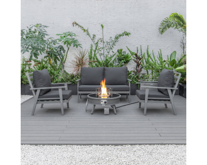 LeisureMod Walbrooke Modern Gray Patio Conversation With Round Fire Pit With Slats Design & Tank Holder - Charcoal