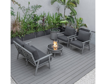 LeisureMod Walbrooke Modern Gray Patio Conversation With Round Fire Pit With Slats Design & Tank Holder - Charcoal