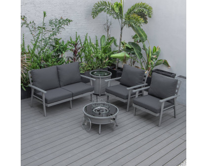 LeisureMod Walbrooke Modern Gray Patio Conversation With Round Fire Pit With Slats Design & Tank Holder - Charcoal