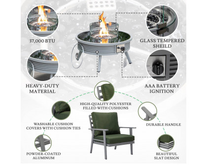 LeisureMod Walbrooke Modern Gray Patio Conversation With Round Fire Pit With Slats Design & Tank Holder - Green