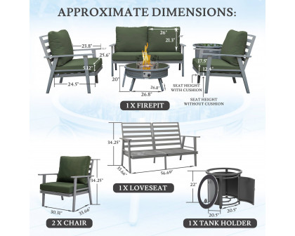 LeisureMod Walbrooke Modern Gray Patio Conversation With Round Fire Pit With Slats Design & Tank Holder - Green