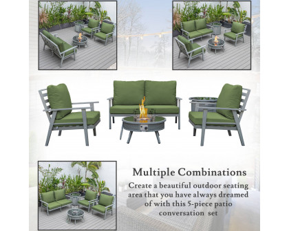 LeisureMod Walbrooke Modern Gray Patio Conversation With Round Fire Pit With Slats Design & Tank Holder - Green