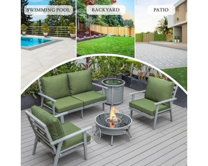 LeisureMod Walbrooke Modern Gray Patio Conversation With Round Fire Pit With Slats Design & Tank Holder - Green