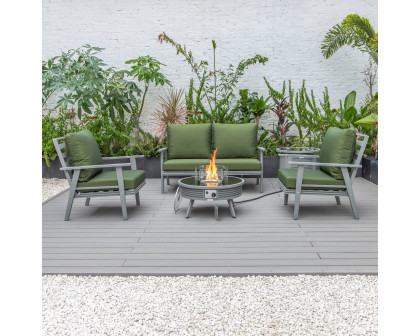 LeisureMod Walbrooke Modern Gray Patio Conversation With Round Fire Pit With Slats Design & Tank Holder - Green