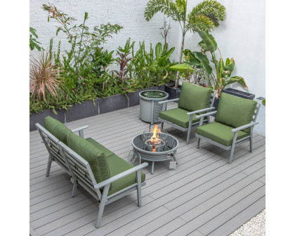 LeisureMod Walbrooke Modern Gray Patio Conversation With Round Fire Pit With Slats Design & Tank Holder - Green