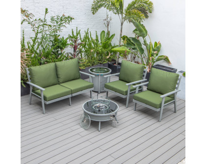 LeisureMod Walbrooke Modern Gray Patio Conversation With Round Fire Pit With Slats Design & Tank Holder - Green