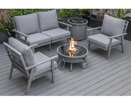 LeisureMod Walbrooke Modern Black Patio Conversation With Round Fire Pit With Slats Design & Tank Holder