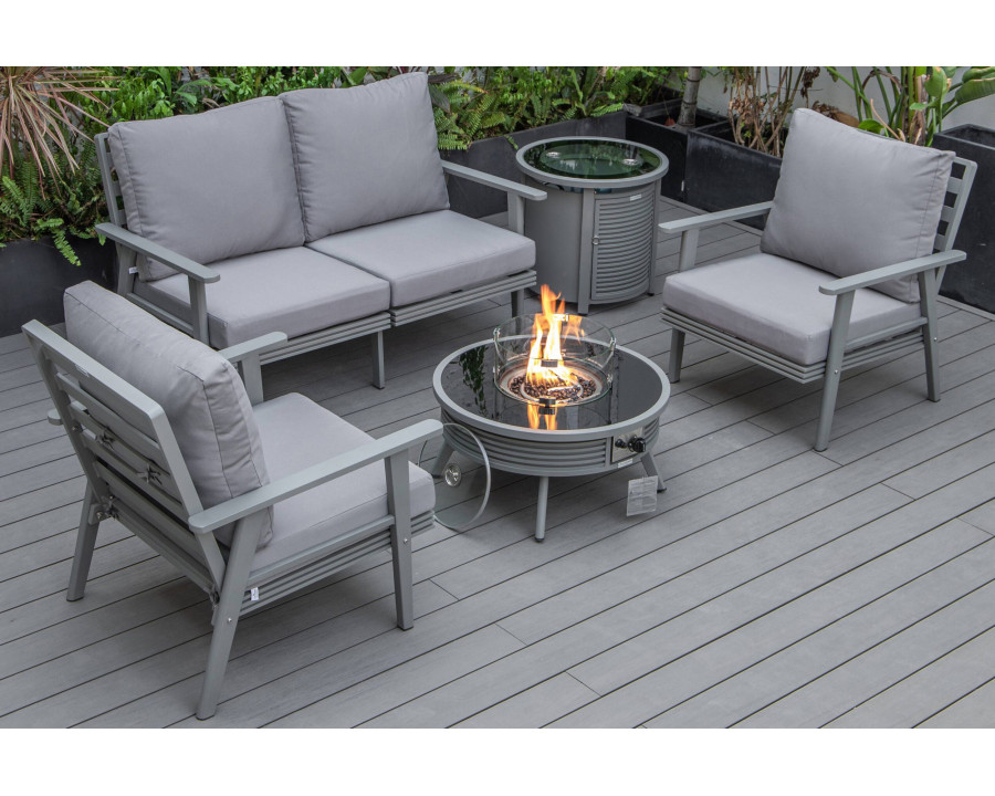 LeisureMod Walbrooke Modern Gray Patio Conversation With Round Fire Pit With Slats Design & Tank Holder - Gray