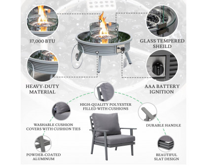 LeisureMod Walbrooke Modern Gray Patio Conversation With Round Fire Pit With Slats Design & Tank Holder - Gray