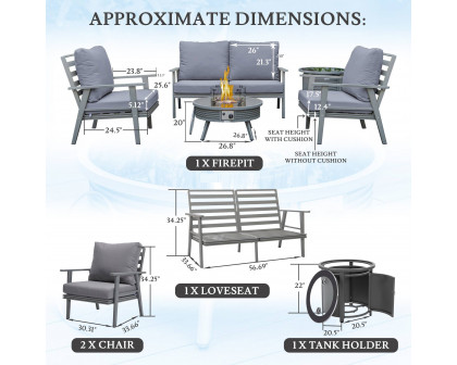 LeisureMod Walbrooke Modern Gray Patio Conversation With Round Fire Pit With Slats Design & Tank Holder - Gray