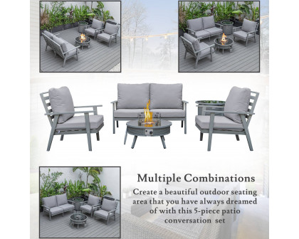 LeisureMod Walbrooke Modern Gray Patio Conversation With Round Fire Pit With Slats Design & Tank Holder - Gray