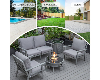 LeisureMod Walbrooke Modern Gray Patio Conversation With Round Fire Pit With Slats Design & Tank Holder - Gray