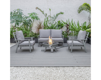 LeisureMod Walbrooke Modern Gray Patio Conversation With Round Fire Pit With Slats Design & Tank Holder - Gray