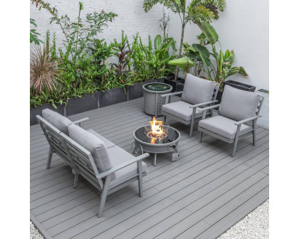 LeisureMod Walbrooke Modern Gray Patio Conversation With Round Fire Pit With Slats Design & Tank Holder - Gray