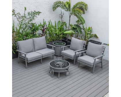 LeisureMod Walbrooke Modern Gray Patio Conversation With Round Fire Pit With Slats Design & Tank Holder - Gray