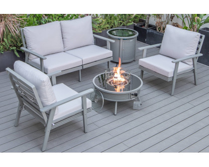 LeisureMod Walbrooke Modern Black Patio Conversation With Round Fire Pit With Slats Design & Tank Holder