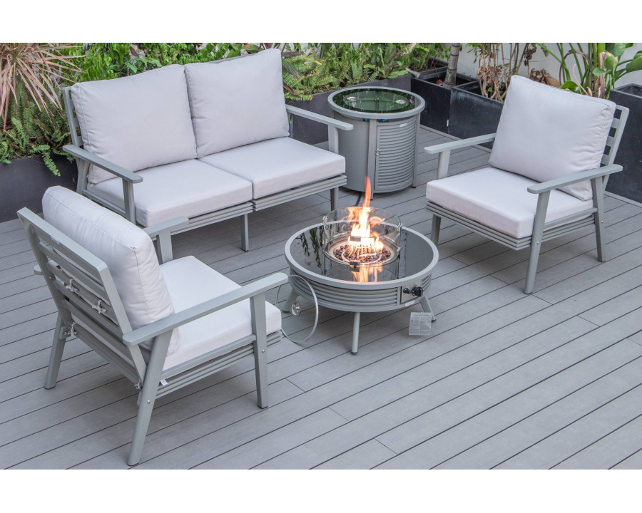 LeisureMod Walbrooke Modern Gray Patio Conversation With Round Fire Pit With Slats Design & Tank Holder - Light Gray