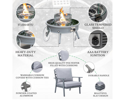 LeisureMod Walbrooke Modern Gray Patio Conversation With Round Fire Pit With Slats Design & Tank Holder - Light Gray