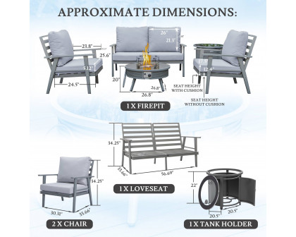 LeisureMod Walbrooke Modern Gray Patio Conversation With Round Fire Pit With Slats Design & Tank Holder - Light Gray