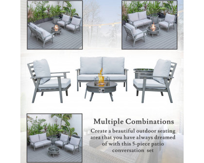 LeisureMod Walbrooke Modern Gray Patio Conversation With Round Fire Pit With Slats Design & Tank Holder - Light Gray