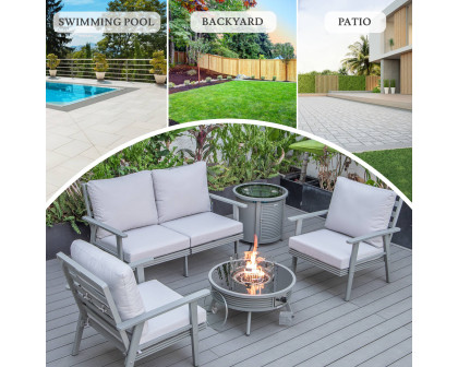 LeisureMod Walbrooke Modern Gray Patio Conversation With Round Fire Pit With Slats Design & Tank Holder - Light Gray