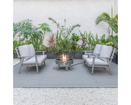 LeisureMod Walbrooke Modern Gray Patio Conversation With Round Fire Pit With Slats Design & Tank Holder - Light Gray