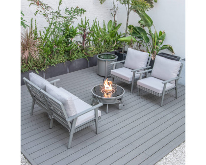 LeisureMod Walbrooke Modern Gray Patio Conversation With Round Fire Pit With Slats Design & Tank Holder - Light Gray