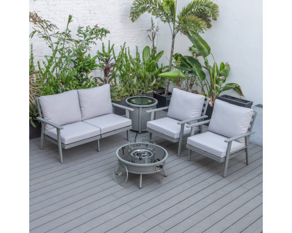 LeisureMod Walbrooke Modern Gray Patio Conversation With Round Fire Pit With Slats Design & Tank Holder - Light Gray