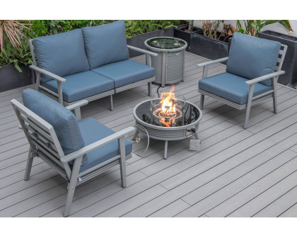 LeisureMod Walbrooke Modern Black Patio Conversation With Round Fire Pit With Slats Design & Tank Holder