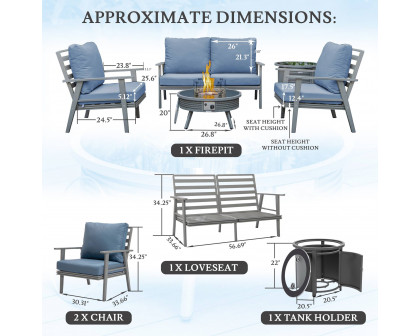 LeisureMod Walbrooke Modern Gray Patio Conversation With Round Fire Pit With Slats Design & Tank Holder - Navy Blue