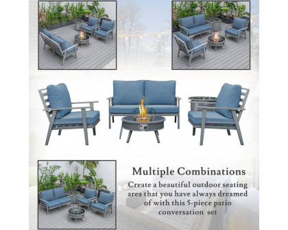 LeisureMod Walbrooke Modern Gray Patio Conversation With Round Fire Pit With Slats Design & Tank Holder - Navy Blue