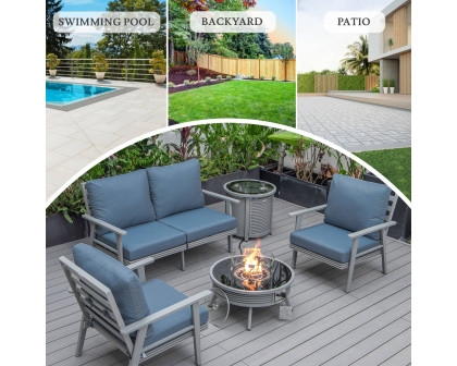 LeisureMod Walbrooke Modern Gray Patio Conversation With Round Fire Pit With Slats Design & Tank Holder - Navy Blue