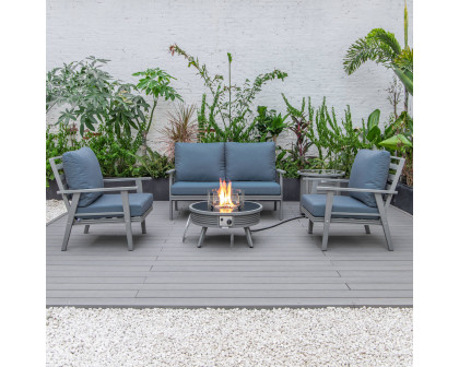 LeisureMod Walbrooke Modern Gray Patio Conversation With Round Fire Pit With Slats Design & Tank Holder - Navy Blue