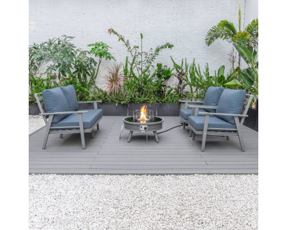 LeisureMod Walbrooke Modern Gray Patio Conversation With Round Fire Pit With Slats Design & Tank Holder - Navy Blue