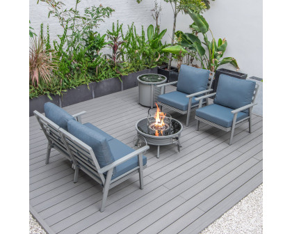 LeisureMod Walbrooke Modern Gray Patio Conversation With Round Fire Pit With Slats Design & Tank Holder - Navy Blue