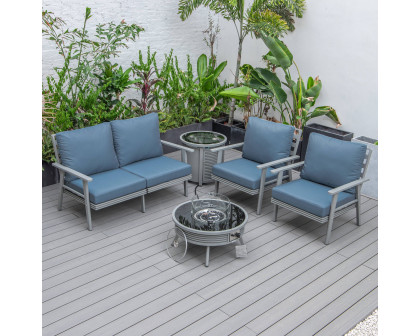 LeisureMod Walbrooke Modern Gray Patio Conversation With Round Fire Pit With Slats Design & Tank Holder - Navy Blue