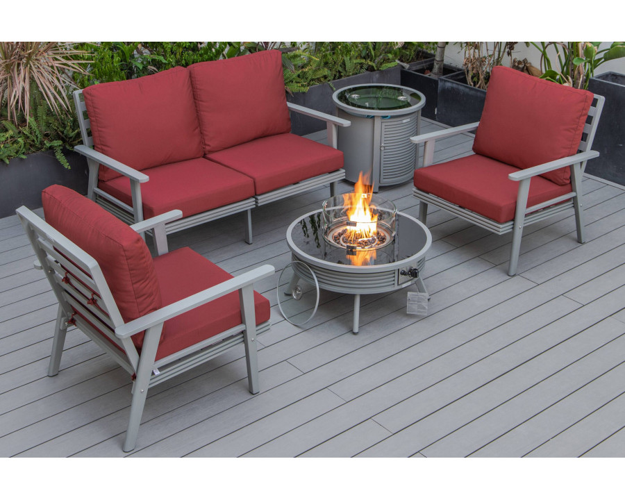 LeisureMod Walbrooke Modern Gray Patio Conversation With Round Fire Pit With Slats Design & Tank Holder - Red