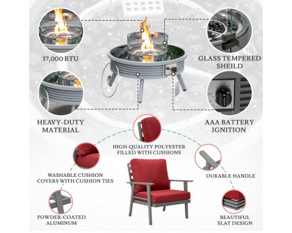 LeisureMod Walbrooke Modern Gray Patio Conversation With Round Fire Pit With Slats Design & Tank Holder - Red