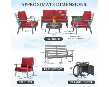 LeisureMod Walbrooke Modern Gray Patio Conversation With Round Fire Pit With Slats Design & Tank Holder - Red