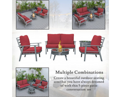 LeisureMod Walbrooke Modern Gray Patio Conversation With Round Fire Pit With Slats Design & Tank Holder - Red