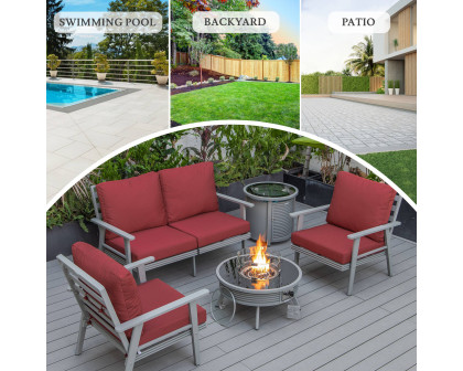 LeisureMod Walbrooke Modern Gray Patio Conversation With Round Fire Pit With Slats Design & Tank Holder - Red