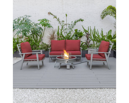 LeisureMod Walbrooke Modern Gray Patio Conversation With Round Fire Pit With Slats Design & Tank Holder - Red