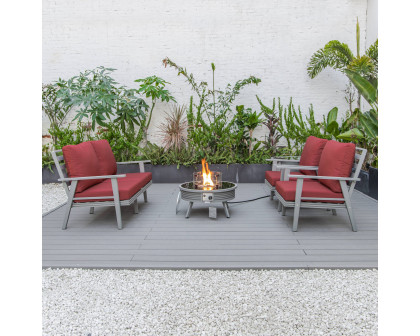 LeisureMod Walbrooke Modern Gray Patio Conversation With Round Fire Pit With Slats Design & Tank Holder - Red