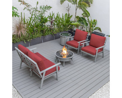 LeisureMod Walbrooke Modern Gray Patio Conversation With Round Fire Pit With Slats Design & Tank Holder - Red