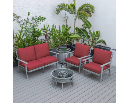 LeisureMod Walbrooke Modern Gray Patio Conversation With Round Fire Pit With Slats Design & Tank Holder - Red