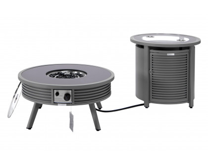 LeisureMod Walbrooke Outdoor Patio Round Fire Pit and Tank Holder with Slats Design - Gray