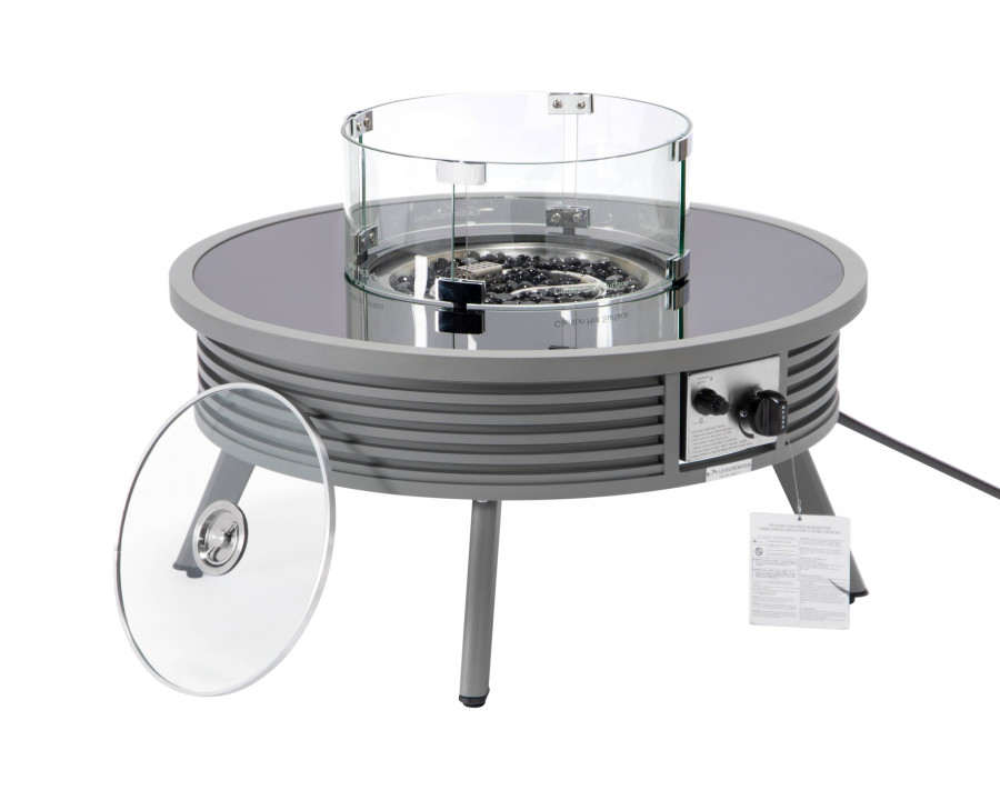 LeisureMod Walbrooke Modern Outdoor Round Fire Pit Table with Powder-Coated Aluminum Frame and Slats Design - Gray