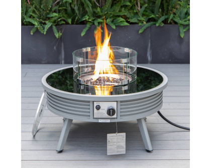 LeisureMod Walbrooke Modern Outdoor Round Fire Pit Table with Powder-Coated Aluminum Frame and Slats Design - Gray