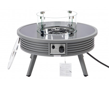 LeisureMod Walbrooke Modern Outdoor Round Fire Pit Table with Powder-Coated Aluminum Frame and Slats Design - Gray