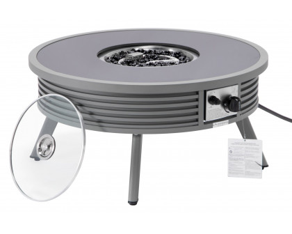 LeisureMod Walbrooke Modern Outdoor Round Fire Pit Table with Powder-Coated Aluminum Frame and Slats Design - Gray